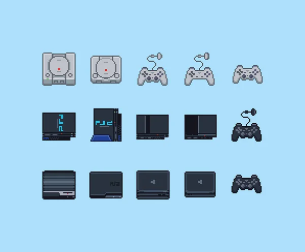 Pixel Art Classic Retro Video Game Play Console Controller Set — Stock vektor