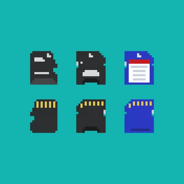 Pixel艺术存储卡向量8位图标设置在浅蓝色背景 电子游戏8位元精灵 — 图库矢量图片