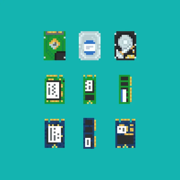 Set Icone Pixel Art Della Tecnologia Dell Informazione Braccio Robot — Vettoriale Stock
