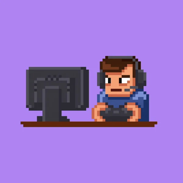 Pixel Art Streamer Male Character Sitting Front Computer Display Wearing — 스톡 벡터