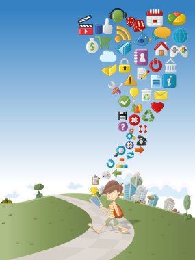 sevimli çizgi çocuk üzerinde yeşil park tablet kullanma