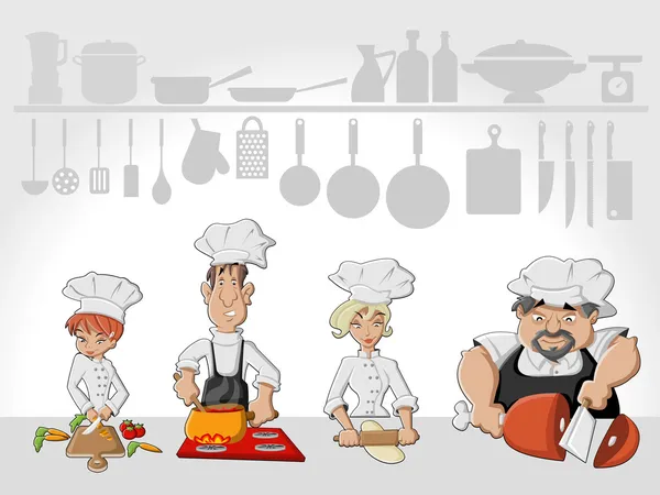 Chef equipo cocina deliciosa comida — Vector de stock