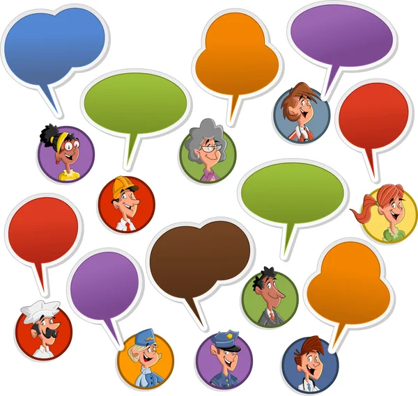 Rostos com ícones de balão de fala — Vetor de Stock