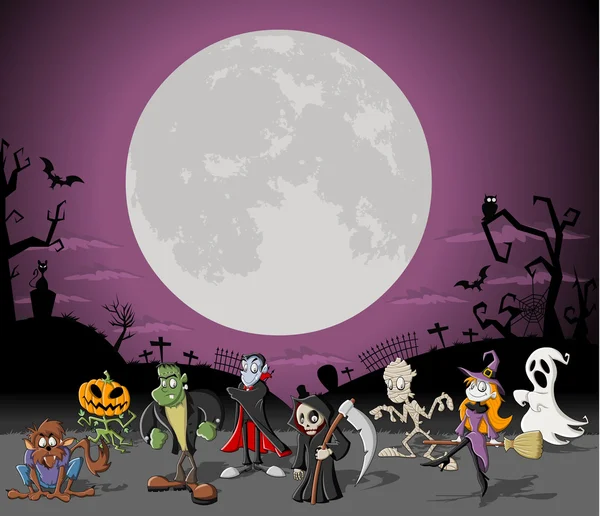 Cementerio de Halloween con personajes monstruosos — Vector de stock