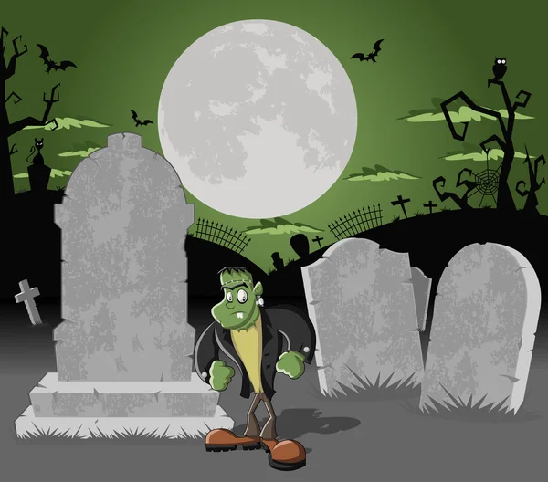 Halloween cemetery with frankenstein monster character — Stock Vector