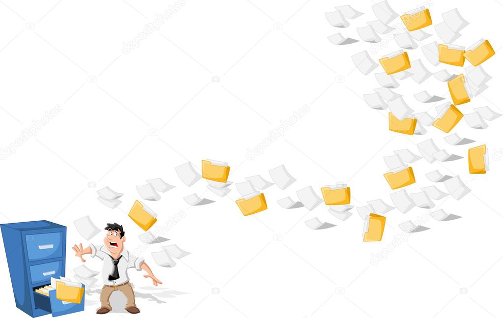 Cartoon man surprised by papers and folders flying