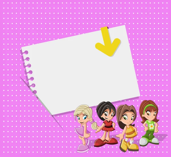 Tarjeta rosa con lindas chicas de dibujos animados — Vector de stock