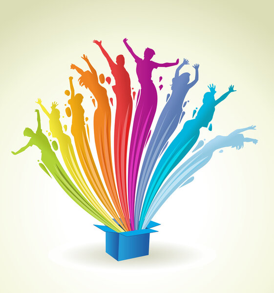 Colorful paint in shape of splashing out of a blue box