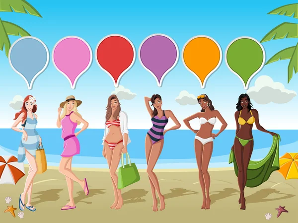 Lindos desenhos animados meninas na praia tropical —  Vetores de Stock