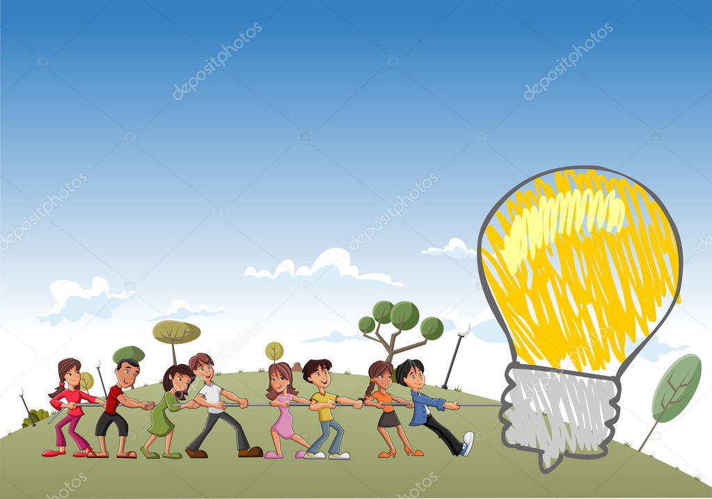 Children pulling a big idea light bulb