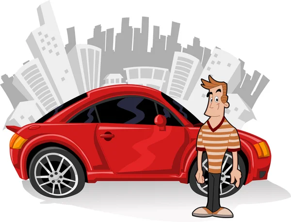 Hombre de pie junto a coche deportivo rojo — Vector de stock