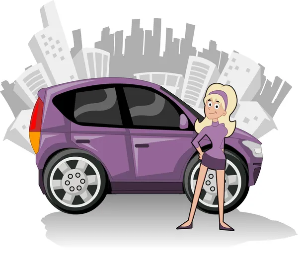 Kvinna med lila kompakt bil — Stock vektor