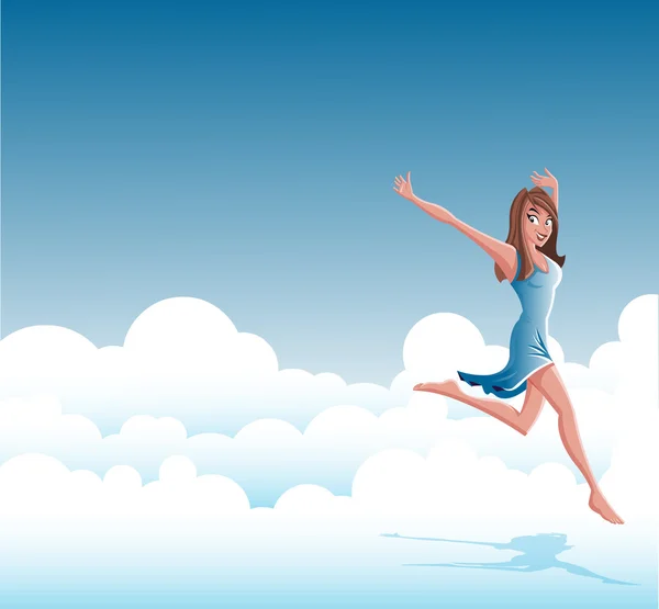 Dibujos animados joven feliz mujer saltando en las nubes — Vector de stock