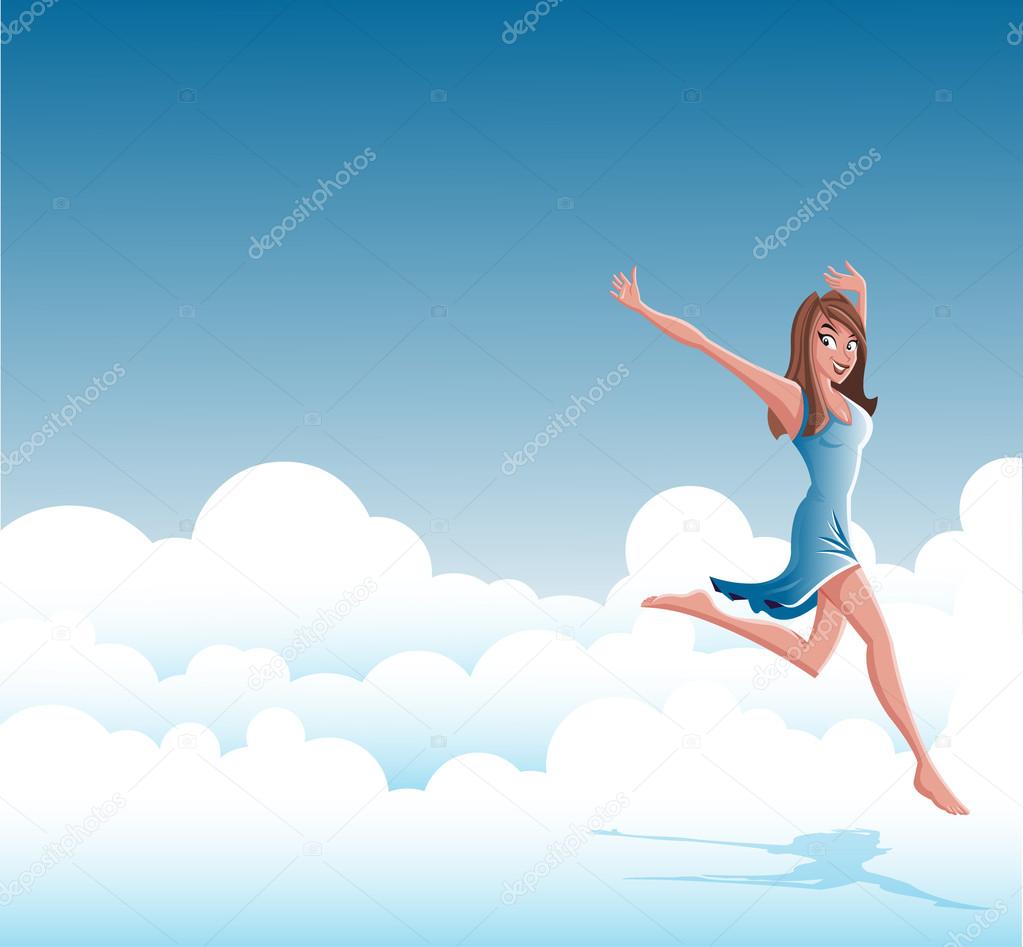 Cartoon young happy woman jumping on clouds