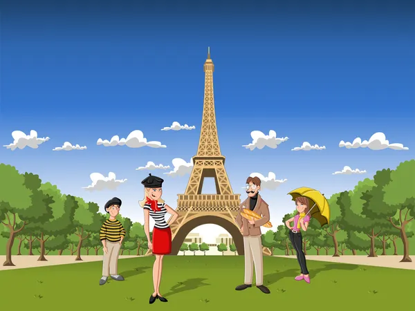 Karikaturenfamilie in Paris — Stockvektor