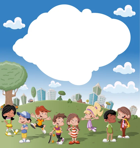 Cartoon kids playing in green park on the city — Stock Vector