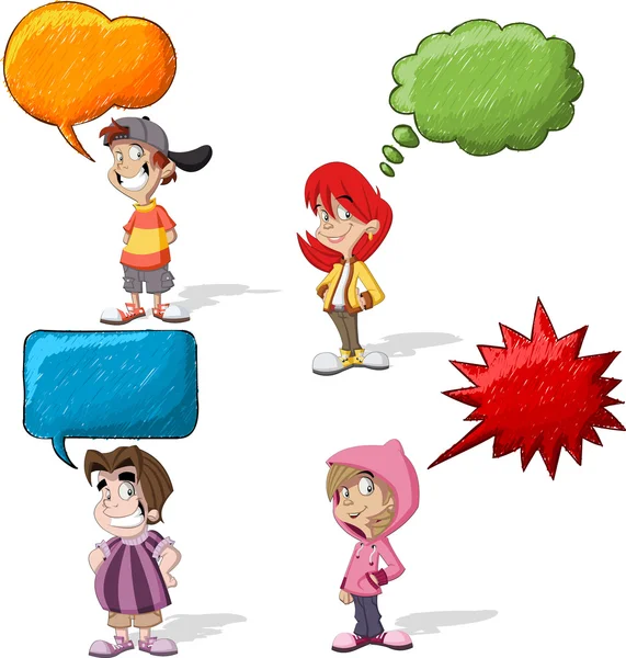 Desenhos animados crianças falando com balão de fala —  Vetores de Stock