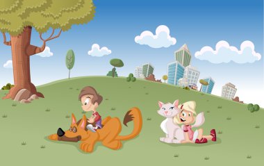 erkek ve kız köpek ve kedi üzerinde Şehir Parkı
