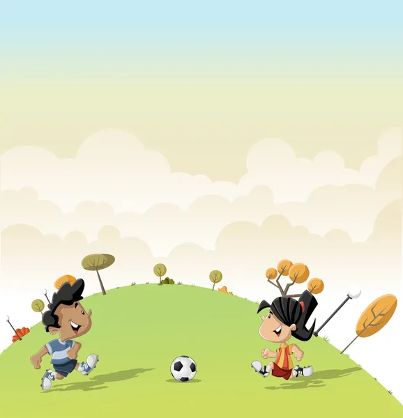Niño y niña jugando al fútbol — Vector de stock