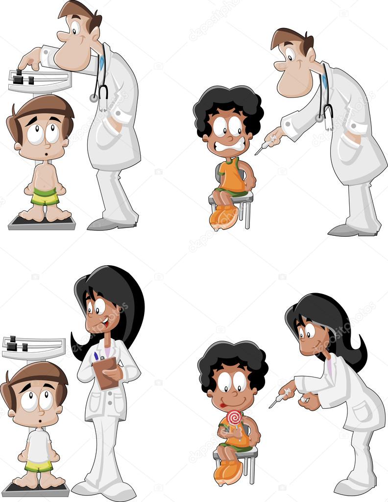 Médico dos desenhos animados com crianças pequenas felizes, menino e menina  imagem vetorial de Katerina_Dav© 91533028