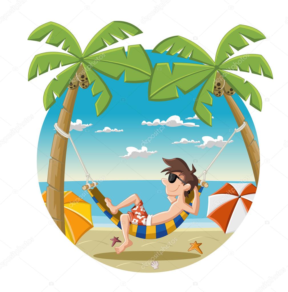 Cartoon man on beautiful tropical beach