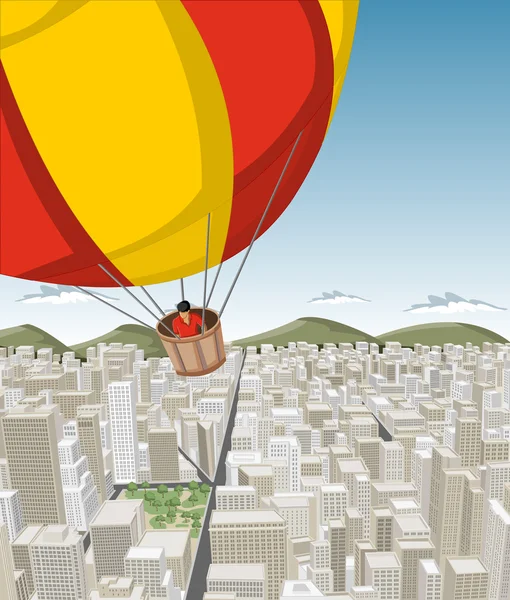 Ballon à air chaud sur une grande ville avec des bâtiments . — Image vectorielle