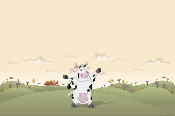 Mucca nel paesaggio contadino — Vettoriale Stock