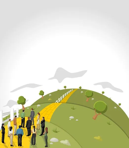 Les gens d'affaires essayant de traverser une route de briques jaunes — Image vectorielle