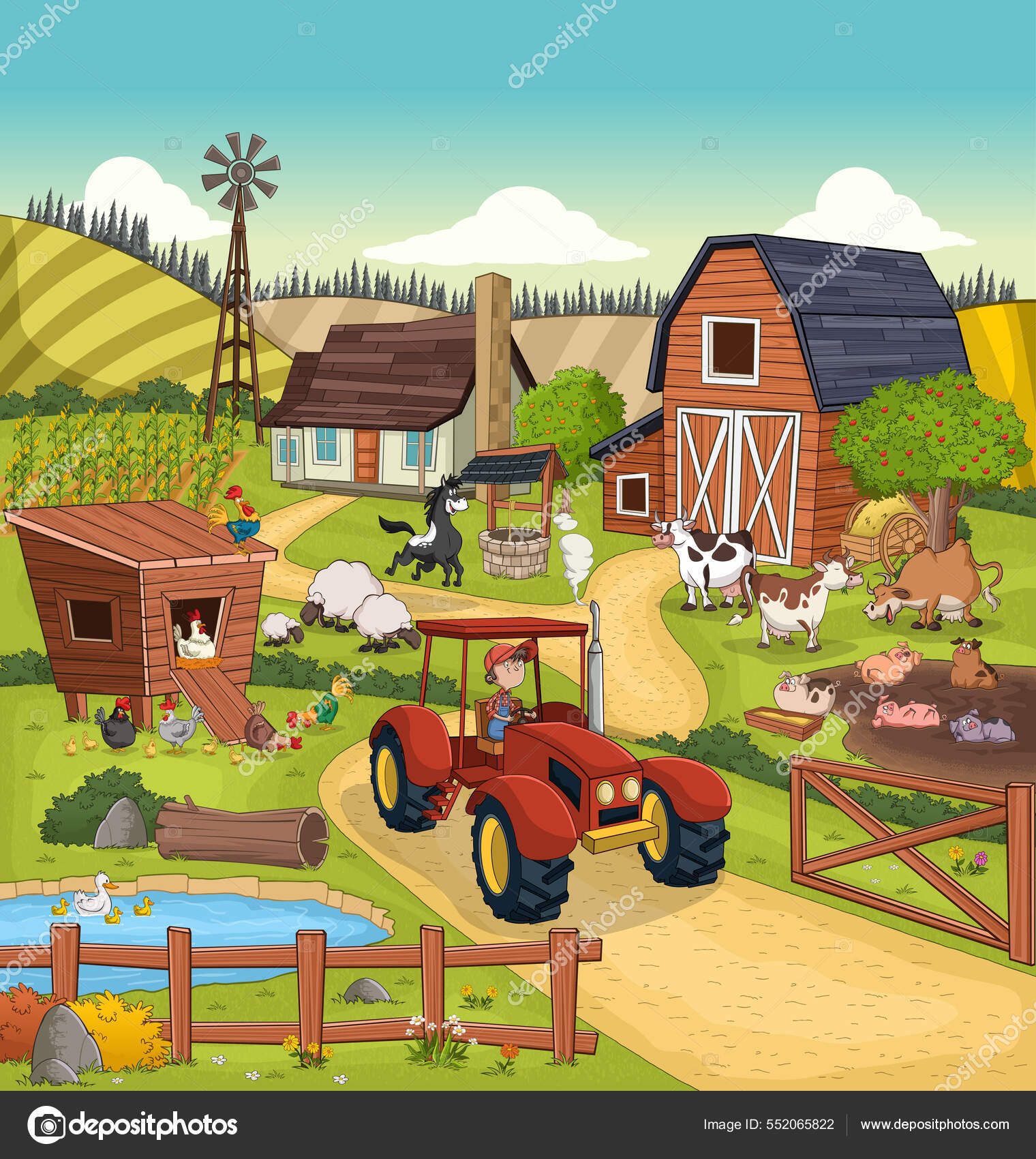 Tapete De Parede Imagem de desenho animado de trator fazenda verde
