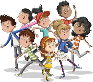 Bir grup mutlu çizgi film genci. Gençler..