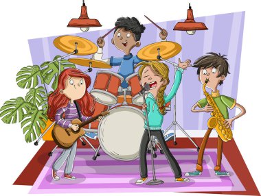 Çizgi film gençleri rock 'n' roll grubunda çalıyor.