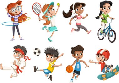 Çizgi film çocukları çeşitli sporlar yapıyor. Oynayan çocuklar.