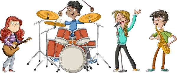 漫画の十代の若者たちはロックバンドで遊んでいる — ストックベクタ