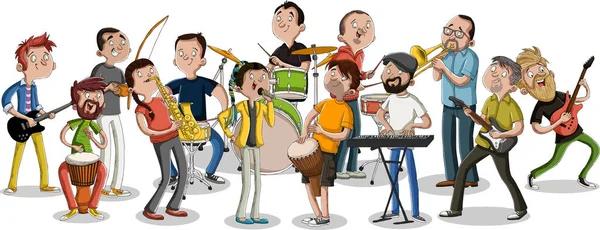 Duży Zespół Kreskówkowymi Ludźmi Grającymi Muzyce — Wektor stockowy