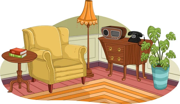 Salón Vintage Con Muebles Antiguos Casa Retro — Vector de stock