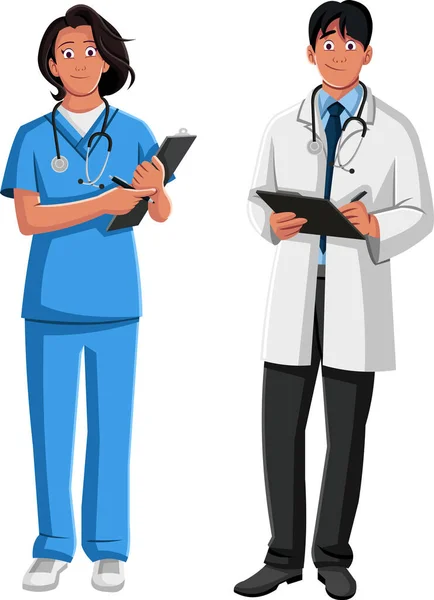 Enfermera Médico Con Portapapeles Personajes Médicos Dibujos Animados — Vector de stock