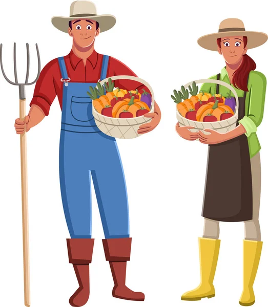 卡通农民与有机蔬菜 携带蔬菜篮子的农业工人 — 图库矢量图片