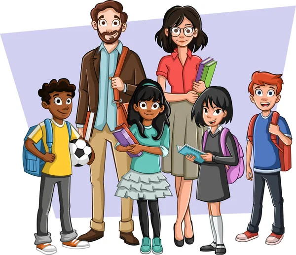 Cartoon Teenager Schüler Mit Lehrern Schüler Mit Büchern Und Rucksack — Stockvektor