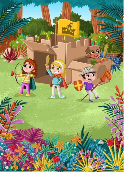 Çizgi Filmdeki Çocuklar Renkli Bir Bahçede Karton Kaleyle Oynuyorlar Kılıçlı — Stok Vektör