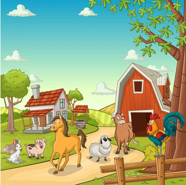 Granja Dibujos Animados Con Animales Fondo Explotación — Vector de stock