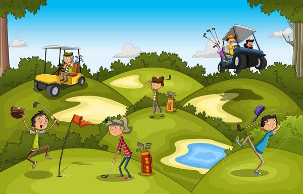 Cartoon people playing golf. Golf course with people having fun.