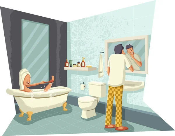 Cartoon Ζευγάρι Στο Μπάνιο Λαμβάνοντας Μπανιέρα Και Βούρτσισμα Των Δοντιών — Διανυσματικό Αρχείο