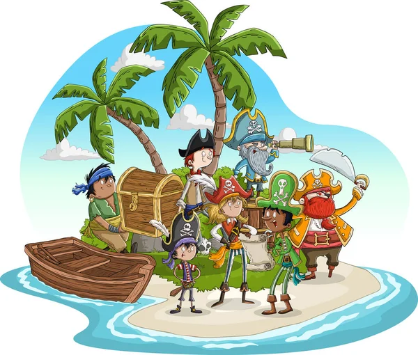 美しい熱帯のビーチでの漫画の海賊団 — ストックベクタ