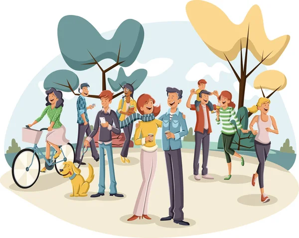 Grupo Personas Dibujos Animados Parque Con Hierba Árboles Naturaleza Paisaje — Vector de stock