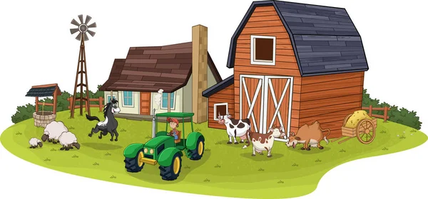 Zeichentrick Bauernhof Mit Tieren Und Landwirt Auf Traktor Hintergrund Landwirtschaftliche — Stockvektor