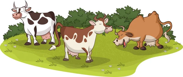 Vacas Dibujos Animados Pastando Ganado Campo Hierba — Vector de stock