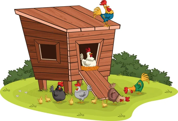 ヘンハウスとともに漫画の鶏と雛 — ストックベクタ