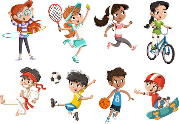Cartoon kids playing various sports. Children playing.