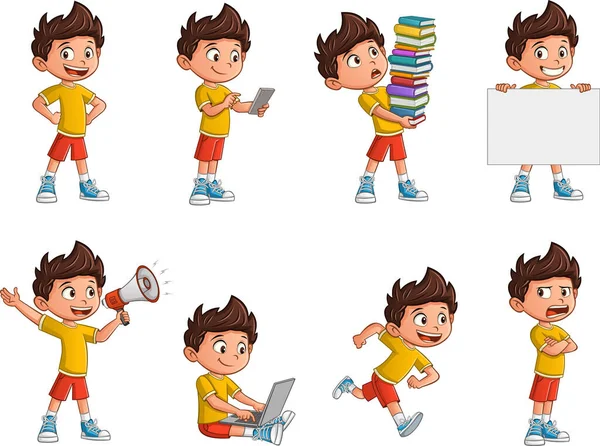 Happy Cartoon Kid Different Activities Mascot Boy Different Poses Emotions — Stock Vector