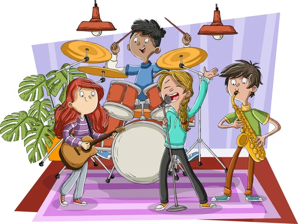 Cartoon Teenagers Playing Rock Roll Band Vektorová Grafika
